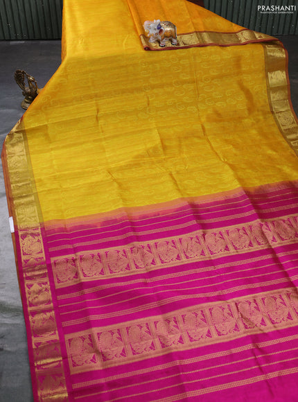 Silk cotton saree mango yellow and magenta pink with allover self emboss jacquard and annam zari woven border