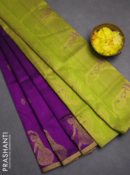 Silk cotton saree purple and light green with zari woven buttas and zari woven butta border