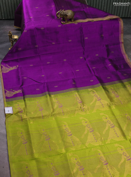 Silk cotton saree purple and light green with zari woven buttas and zari woven butta border
