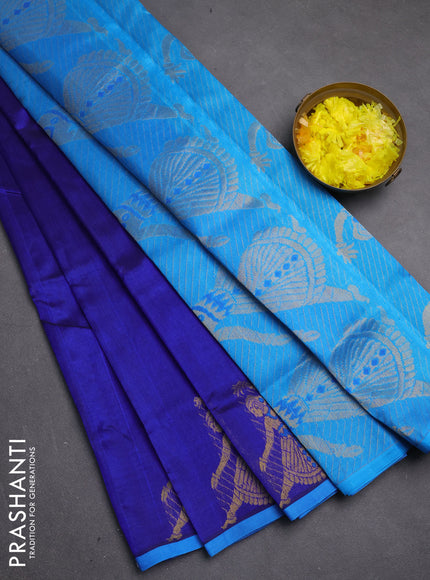 Silk cotton saree royal blue and blue with zari woven buttas and zari woven butta border