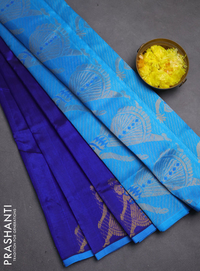 Silk cotton saree royal blue and blue with zari woven buttas and zari woven butta border