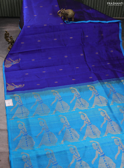 Silk cotton saree royal blue and blue with zari woven buttas and zari woven butta border
