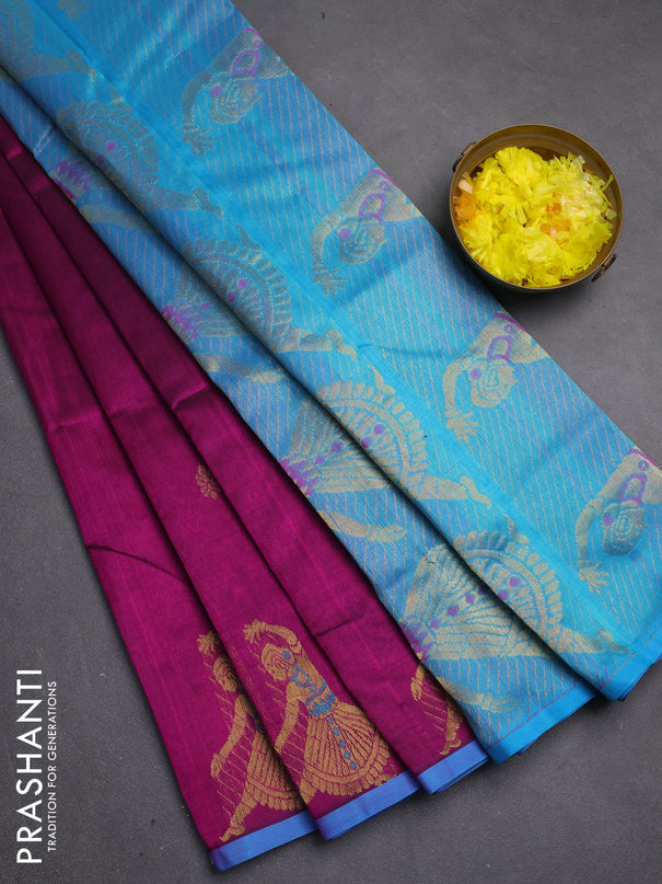 Silk cotton saree dark magenta pink and blue with zari woven buttas and zari woven butta border