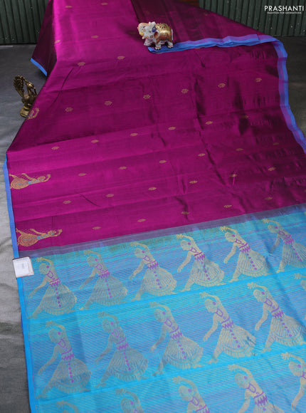 Silk cotton saree dark magenta pink and blue with zari woven buttas and zari woven butta border