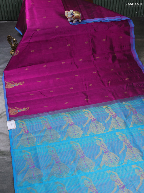 Silk cotton saree dark magenta pink and blue with zari woven buttas and zari woven butta border