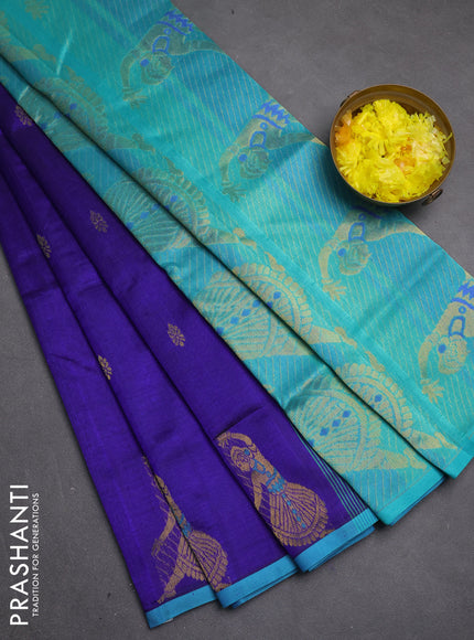 Silk cotton saree blue and teal blue with zari woven buttas and zari woven butta border