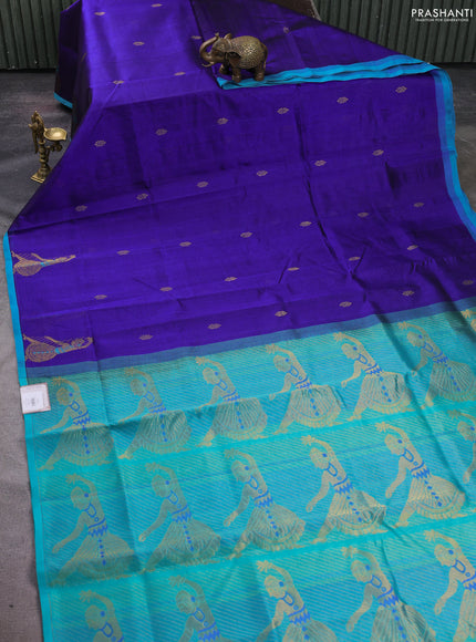 Silk cotton saree blue and teal blue with zari woven buttas and zari woven butta border