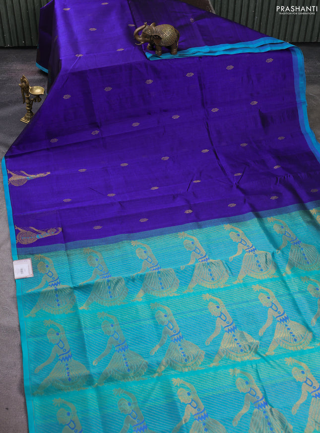 Silk cotton saree blue and teal blue with zari woven buttas and zari woven butta border