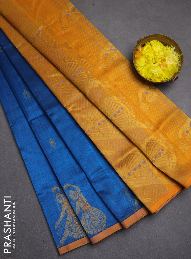 Silk cotton saree peacock blue and mustard yellow with zari woven buttas and zari woven butta border