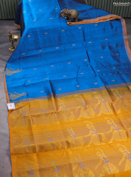 Silk cotton saree peacock blue and mustard yellow with zari woven buttas and zari woven butta border