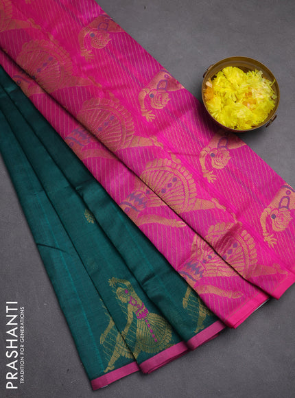 Silk cotton saree green and pink with zari woven buttas and zari woven butta border