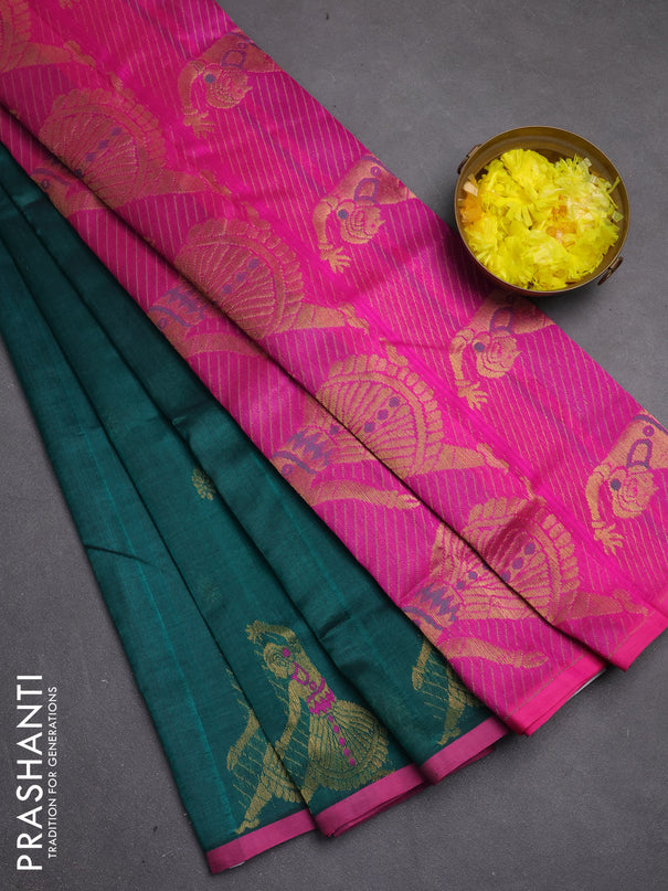 Silk cotton saree green and pink with zari woven buttas and zari woven butta border