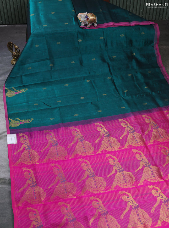 Silk cotton saree green and pink with zari woven buttas and zari woven butta border