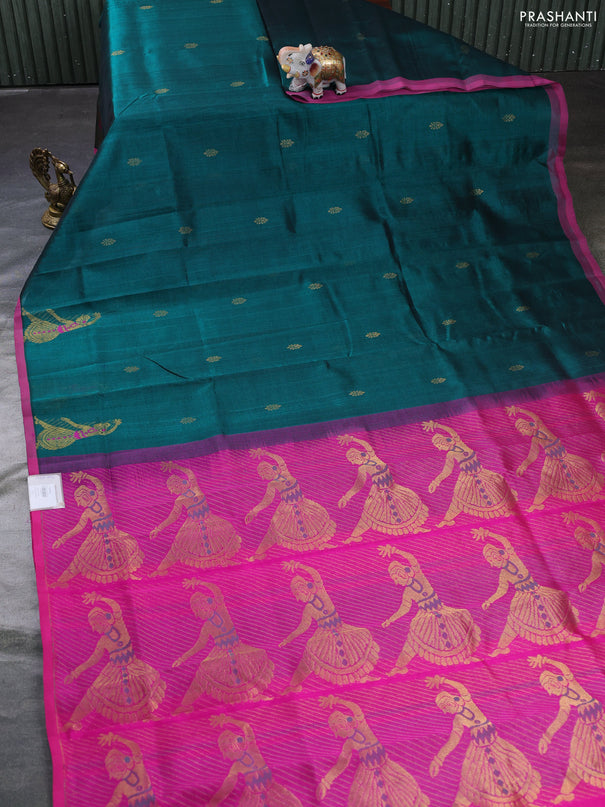 Silk cotton saree green and pink with zari woven buttas and zari woven butta border