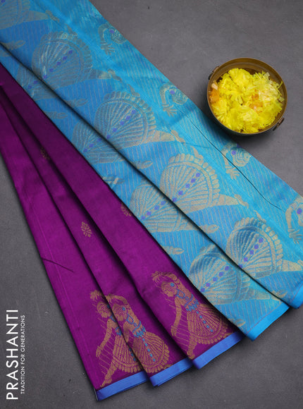 Silk cotton saree purple and blue with zari woven buttas and zari woven butta border