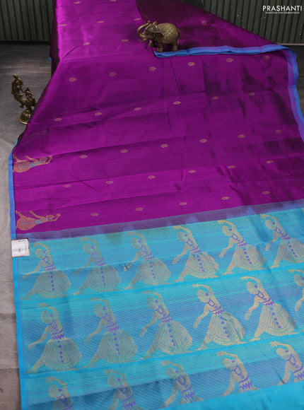 Silk cotton saree purple and blue with zari woven buttas and zari woven butta border