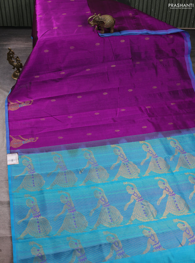 Silk cotton saree purple and blue with zari woven buttas and zari woven butta border