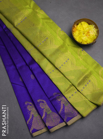 Silk cotton saree royal blue and light green with zari woven buttas and zari woven butta border