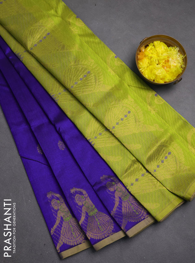Silk cotton saree royal blue and light green with zari woven buttas and zari woven butta border