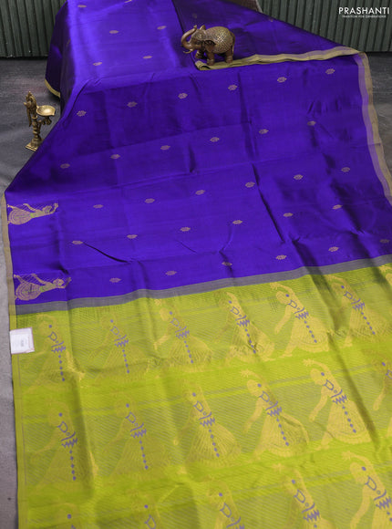 Silk cotton saree royal blue and light green with zari woven buttas and zari woven butta border