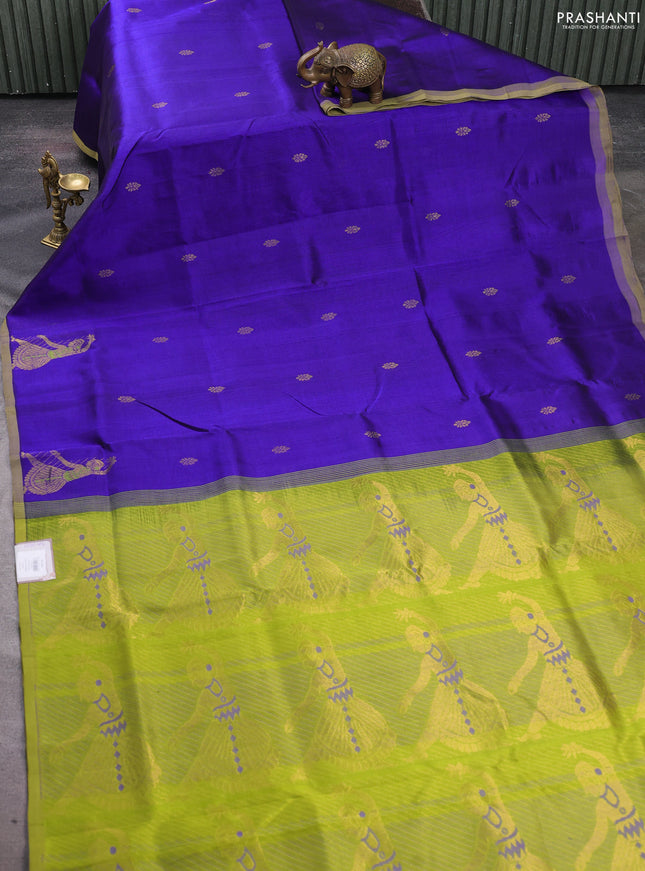 Silk cotton saree royal blue and light green with zari woven buttas and zari woven butta border