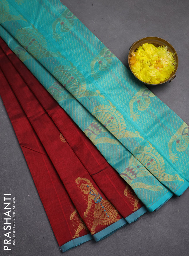 Silk cotton saree maroon and teal blue with zari woven buttas and zari woven butta border