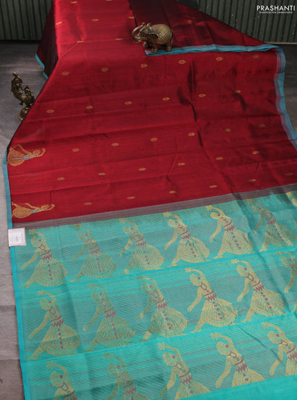 Silk cotton saree maroon and teal blue with zari woven buttas and zari woven butta border