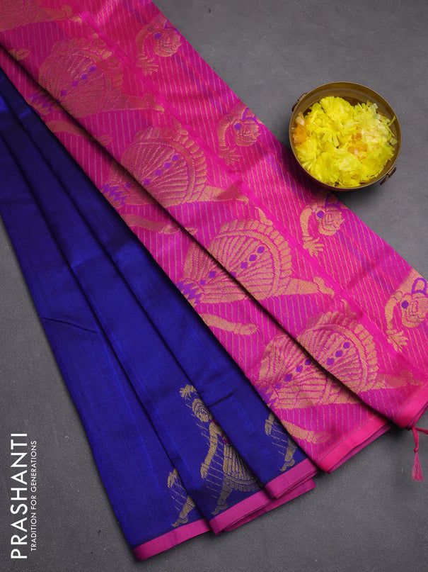 Silk cotton saree blue and pink with zari woven buttas and zari woven butta border