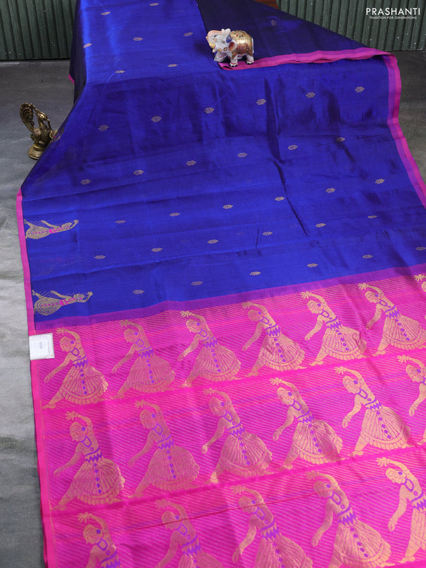 Silk cotton saree blue and pink with zari woven buttas and zari woven butta border