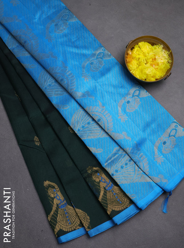 Silk cotton saree bottle green and blue with zari woven buttas and zari woven butta border