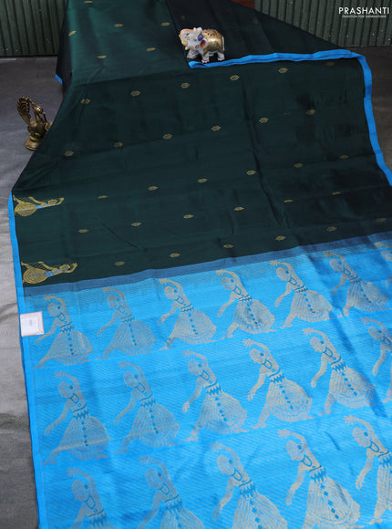 Silk cotton saree bottle green and blue with zari woven buttas and zari woven butta border