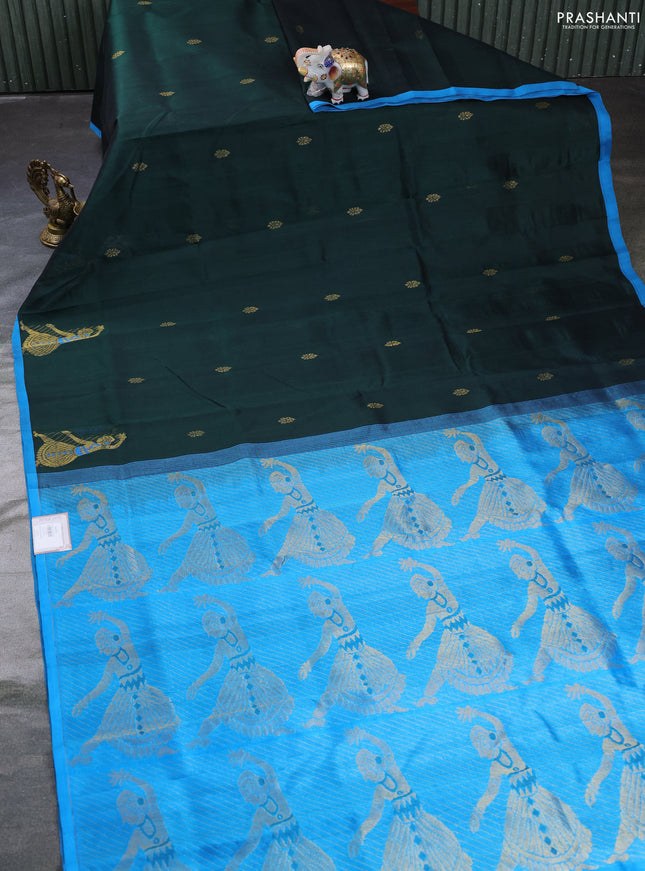 Silk cotton saree bottle green and blue with zari woven buttas and zari woven butta border