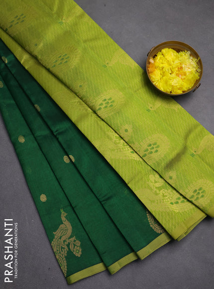 Silk cotton saree green and light green with zari woven buttas and peacock zari woven butta border