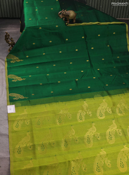 Silk cotton saree green and light green with zari woven buttas and peacock zari woven butta border