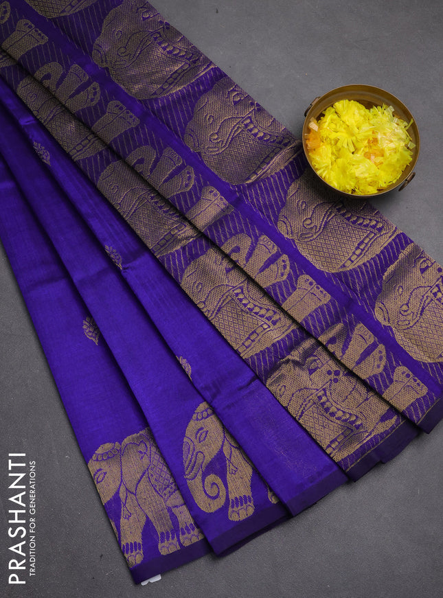 Silk cotton saree blue with zari woven buttas and elephant zari woven butta border