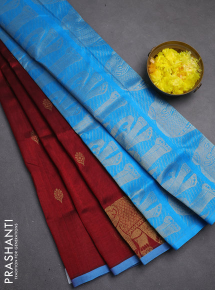 Silk cotton saree maroon and blue with zari woven buttas and elephant zari woven butta border