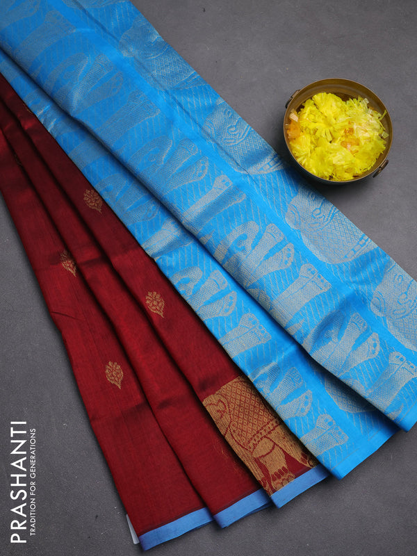 Silk cotton saree maroon and blue with zari woven buttas and elephant zari woven butta border