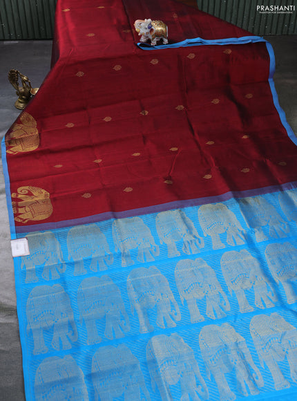 Silk cotton saree maroon and blue with zari woven buttas and elephant zari woven butta border