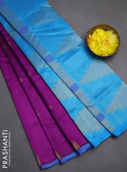 Silk cotton saree purple and blue with zari woven buttas and temple zari woven butta border