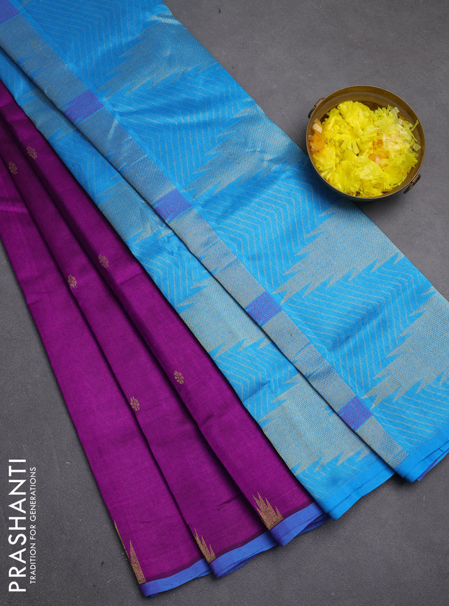 Silk cotton saree purple and blue with zari woven buttas and temple zari woven butta border