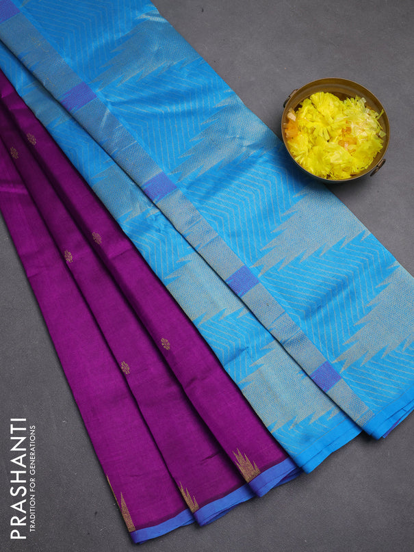 Silk cotton saree purple and blue with zari woven buttas and temple zari woven butta border
