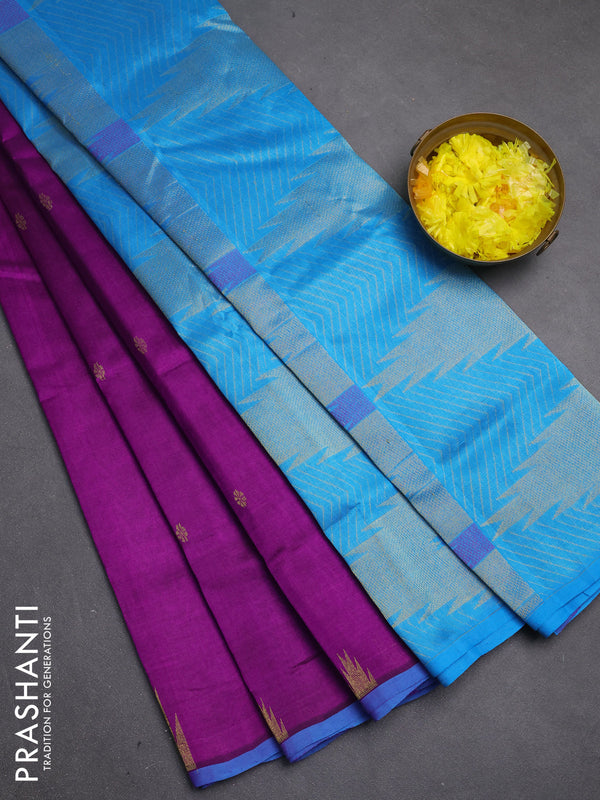 Silk cotton saree purple and blue with zari woven buttas and temple zari woven butta border