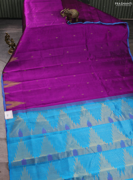 Silk cotton saree purple and blue with zari woven buttas and temple zari woven butta border