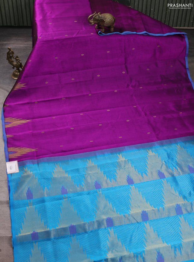 Silk cotton saree purple and blue with zari woven buttas and temple zari woven butta border