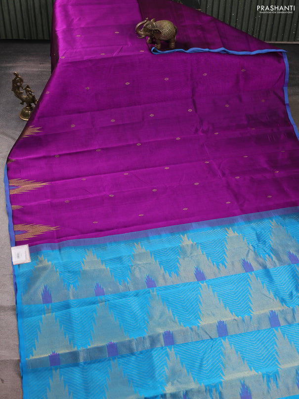 Silk cotton saree purple and blue with zari woven buttas and temple zari woven butta border