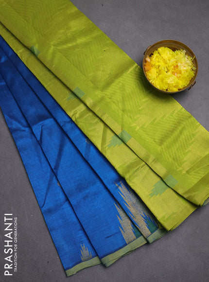 Silk cotton saree cs blue and light green with zari woven buttas and temple zari woven butta border