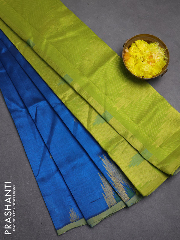 Silk cotton saree cs blue and light green with zari woven buttas and temple zari woven butta border