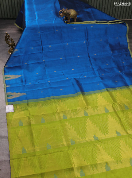 Silk cotton saree cs blue and light green with zari woven buttas and temple zari woven butta border