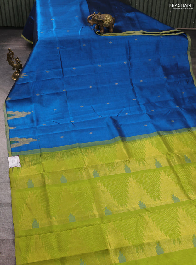 Silk cotton saree cs blue and light green with zari woven buttas and temple zari woven butta border