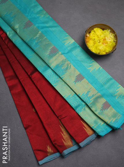 Silk cotton saree maroon and teal blue with zari woven buttas and temple zari woven butta border